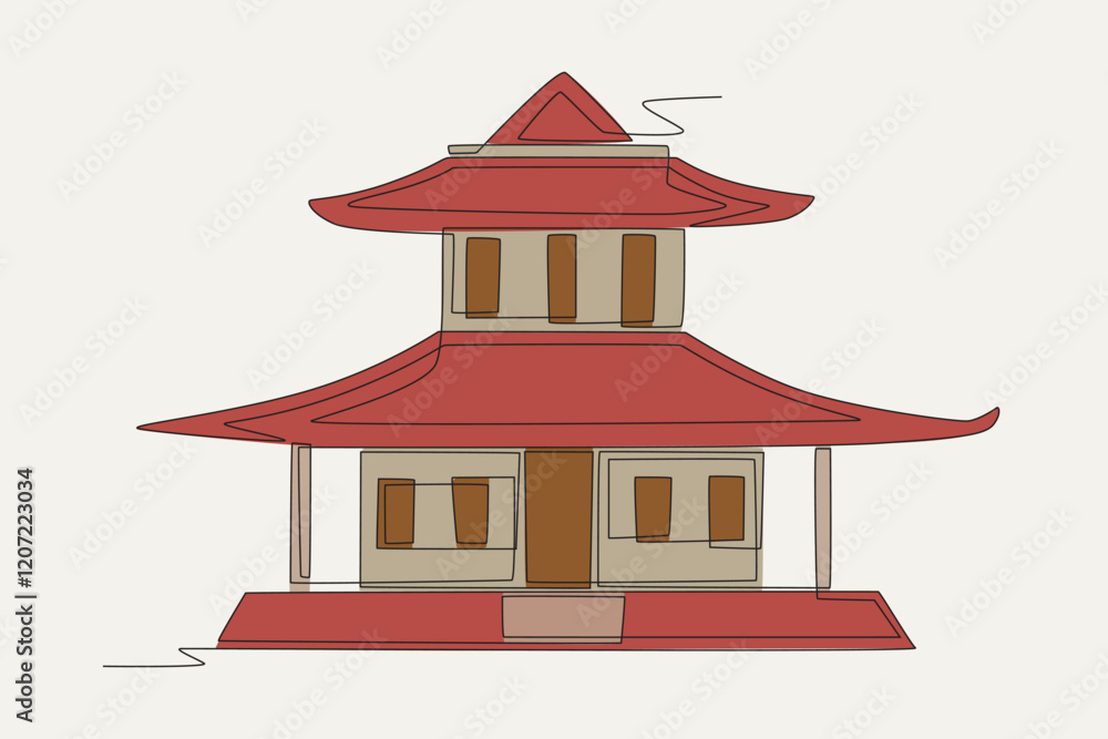 Colored chinese traditional house concept one-line drawing Colored chinese traditional house concept one-line drawing
