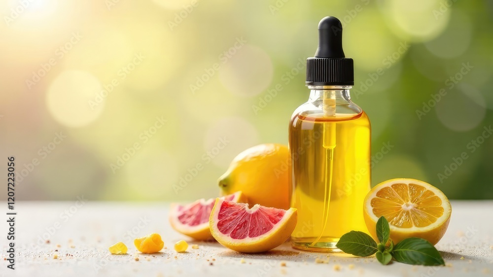 A close-up of a bottle of essential oil, next to refreshing fragrant fruits and flowers. The concept of health and beauty. A close-up of a bottle of essential oil, next to refreshing fragrant fruits and flowers. The concept of health and beauty.