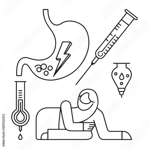 Stomach ache and pain related editable outline icons.
