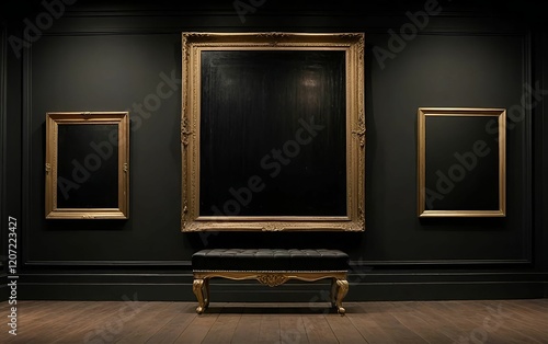 Antique art gallery frame on royal black wall in auction house or museum, exhibition blank template with white blank copy space for artwork concept mockup design

