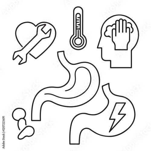 Stomach ache and pain related editable outline icons.