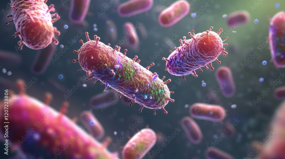 Fototapeta premium A high-resolution microscopic image of virus cells interacting with bacteria microbiota, surrounded by soft light effects for a medical research theme