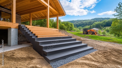 A towering wooden edifice stands proudly, its staircase inviting explorers to ascend into the unknown, surrounded by nature's beauty and whispers of adventure. photo