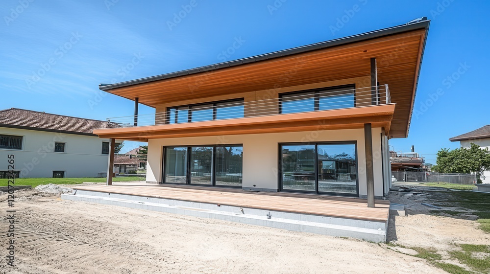A new house rises under the sun, its skeletal frame adorned with countless windows, inviting light and life into its future rooms and spaces. A new house rises under the sun, its skeletal frame adorned with countless windows, inviting light and life into its future rooms and spaces.