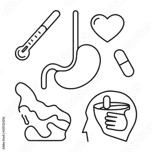 Stomach ache and pain related editable outline icons.