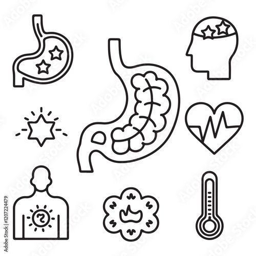 Stomach ache and pain related editable outline icons.