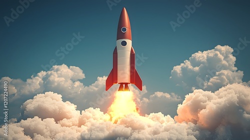 Powerful rocket ascending through clouds symbolizing the drive and ambition toward achieving lofty business objectives and reaching new heights of success photo