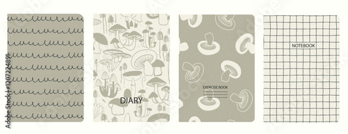 Cover page templates based on patterns with hand drawn Mushrooms, Toadstool. Backgrounds for notebooks, notepads, diaries