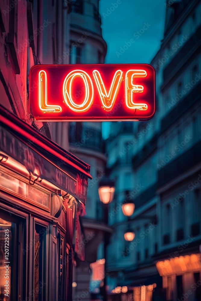 Neon sign on the building in Paris, neon text Neon sign on the building in Paris, neon text