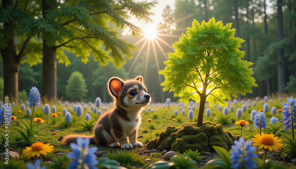 Obraz premium Cute puppy admiring glowing tree in vibrant meadow, nature magic