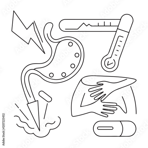 Stomach ache and pain related editable outline icons.