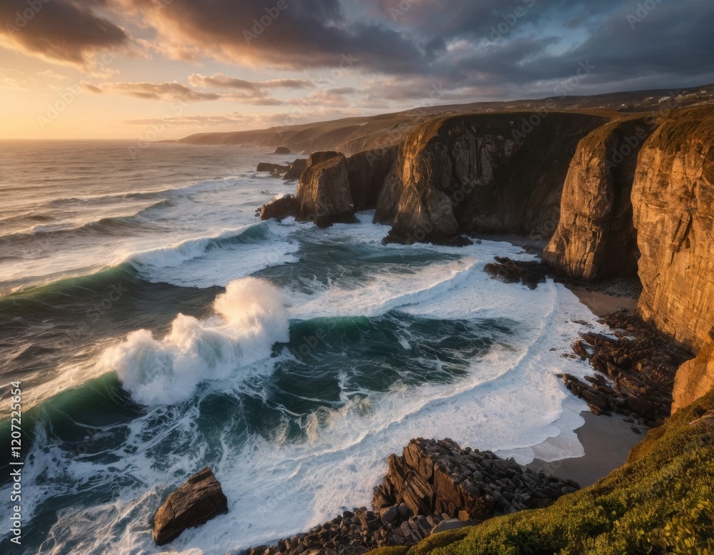 Dramatic Sunset Waves Crashing on Rugged Coastal Cliffs Dramatic Sunset Waves Crashing on Rugged Coastal Cliffs