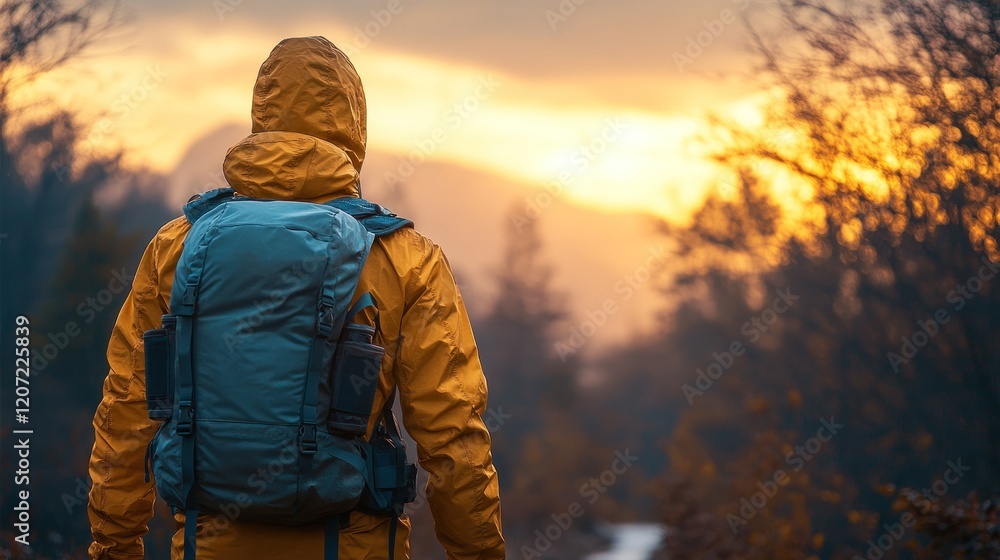 Hiker in yellow jacket with backpack watching sunset. Hiker in yellow jacket with backpack watching sunset.