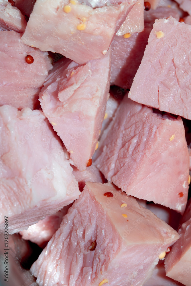 CLose Up of Gammon Ham Cubes Chunks Meat CLose Up of Gammon Ham Cubes Chunks Meat