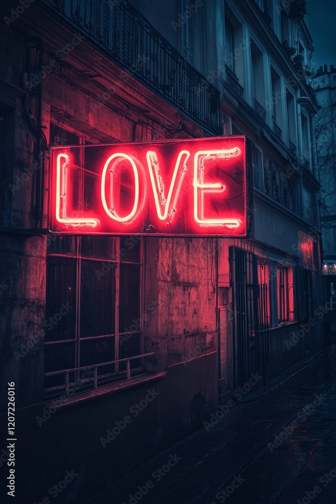 Neon sign on the building in Paris, neon text Neon sign on the building in Paris, neon text