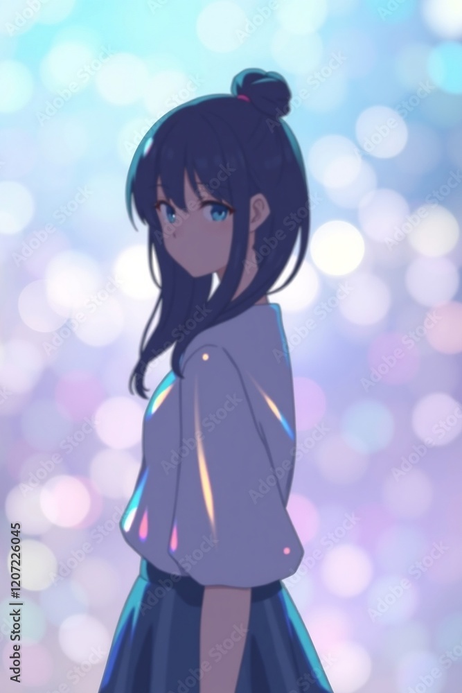 Melancholy Anime Girl: A wistful anime girl with long, flowing dark blue hair and soft blue eyes stands against a dreamy pastel background. She appears lost in thought. Melancholy Anime Girl: A wistful anime girl with long, flowing dark blue hair and soft blue eyes stands against a dreamy pastel background. She appears lost in thought.