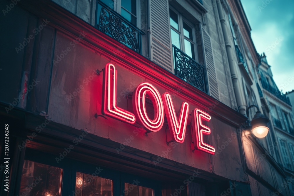 Neon sign on the building in Paris, neon text Neon sign on the building in Paris, neon text