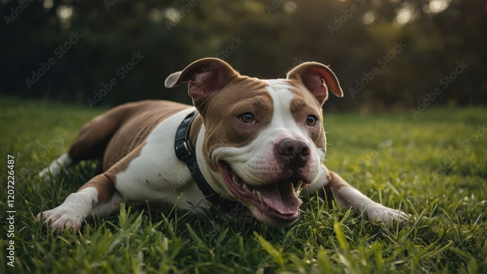 Happy Pit Bull Relaxing in a Sunny Field Happy Pit Bull Relaxing in a Sunny Field