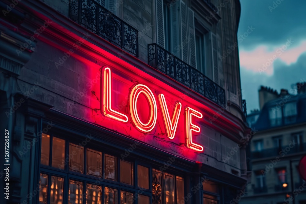 Neon sign on the building in Paris, neon text Neon sign on the building in Paris, neon text