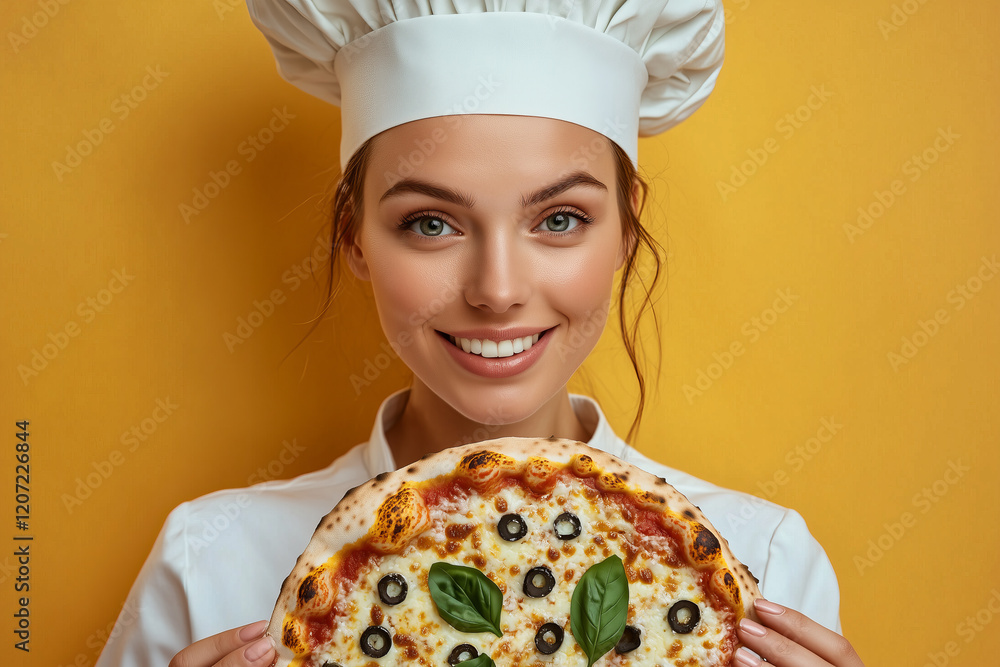 Charming chef woman showcasing a delicious pizza with vibrant toppings in a bright, cheery kitchen setting Charming chef woman showcasing a delicious pizza with vibrant toppings in a bright, cheery kitchen setting