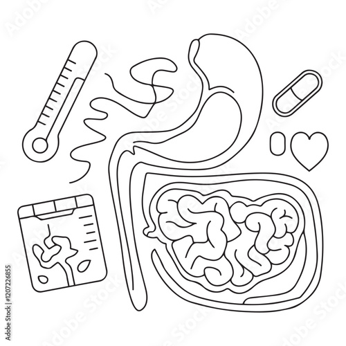 Stomach ache and pain related editable outline icons.
