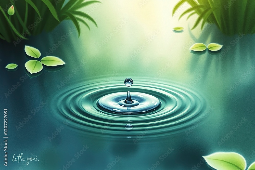 Serene Water Drop: Tranquil Pond Scene with Green Leaves Serene Water Drop: Tranquil Pond Scene with Green Leaves