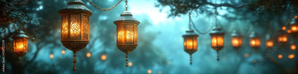 Enchanted Forest Night: Glowing Lanterns Hanging from Trees Enchanted Forest Night: Glowing Lanterns Hanging from Trees