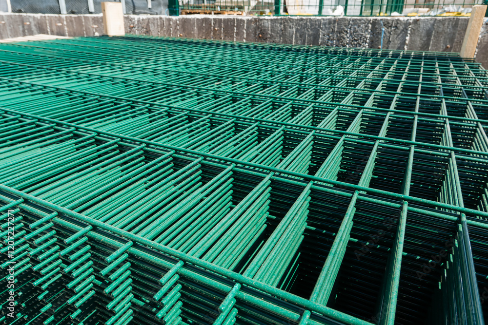 Obraz premium Close-up top view of factory packaging with metal lattice fencing modules with green rectangular cells on a wooden shipping pallet