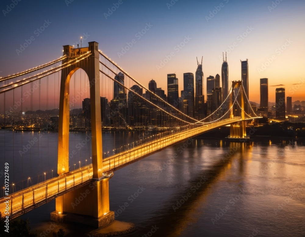 Fototapeta premium Golden Suspension Bridge over City Skyline at Sunset