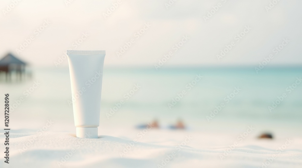 White Sunscreen Cream Tube on Tropical Beach White Sunscreen Cream Tube on Tropical Beach