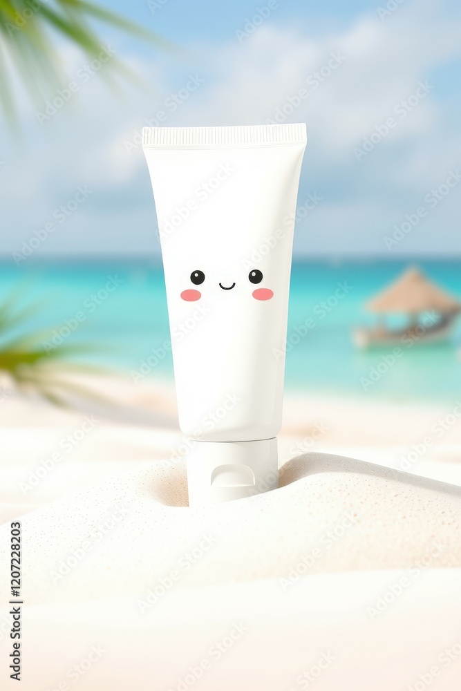 White Sunscreen Cream Tube on Tropical Beach White Sunscreen Cream Tube on Tropical Beach
