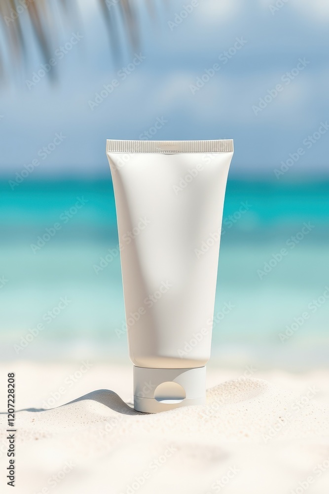 White Sunscreen Cream Tube on Tropical Beach White Sunscreen Cream Tube on Tropical Beach