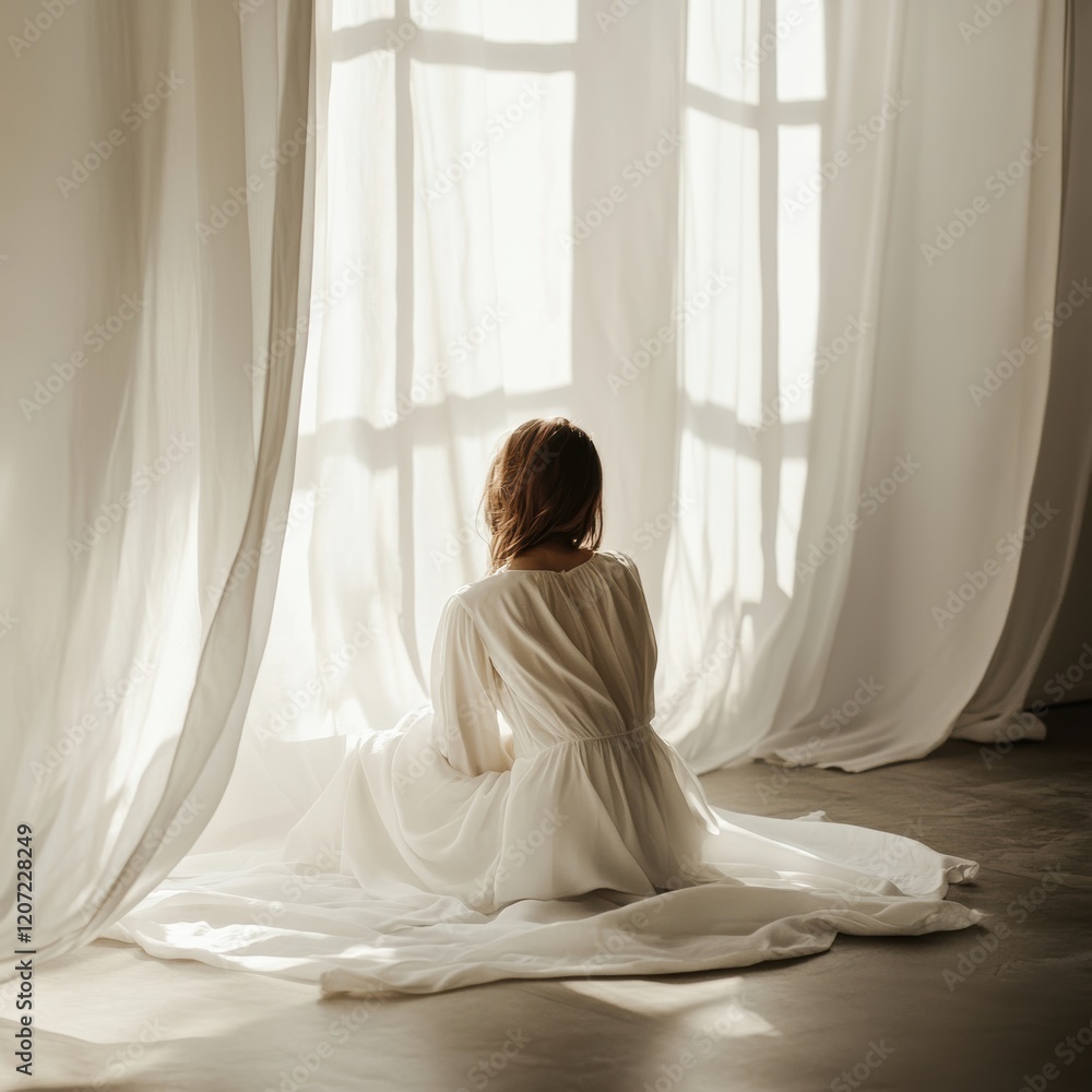 Contemplative woman by window in cozy room natural light portrait photography Contemplative woman by window in cozy room natural light portrait photography