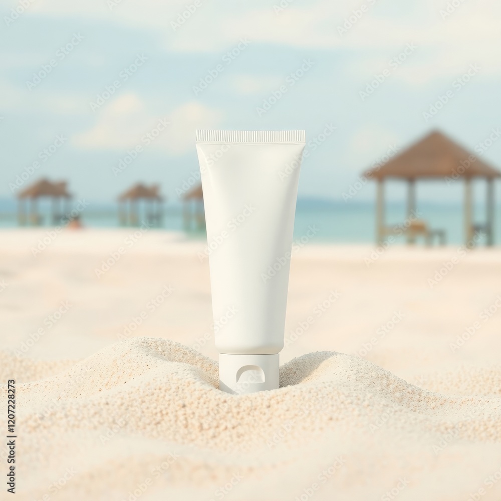 White Sunscreen Cream Tube on Tropical Beach White Sunscreen Cream Tube on Tropical Beach