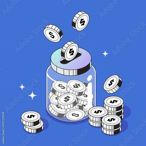vector 2d isometric jar or bottle saving and financial concept, coins illustration, icon and symbol set