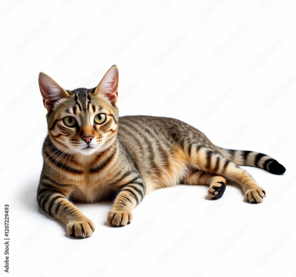 Cat lying down with striped fur on white background Cat lying down with striped fur on white background
