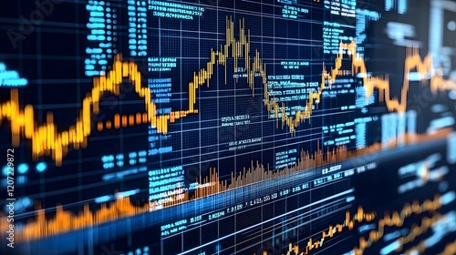 A complex digital background featuring overlapping market graphs charts and data visualizations with glowing luminous elements  The image represents the dynamic