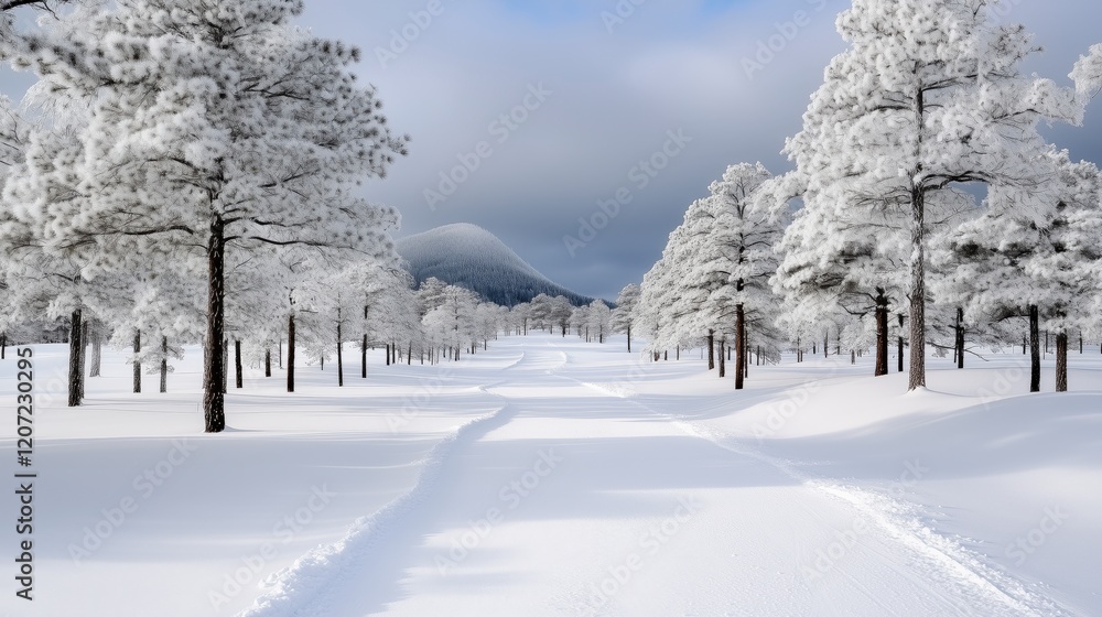 A snowy path in the woods with trees covered in snow. The snow is deep and the trees are bare. AI generated. A snowy path in the woods with trees covered in snow. The snow is deep and the trees are bare. AI generated.