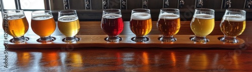 A colorful array of craft beers in tasting glasses on a wooden tray.