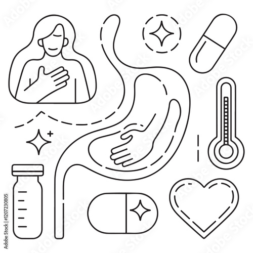 Stomach ache and pain related editable outline icons.