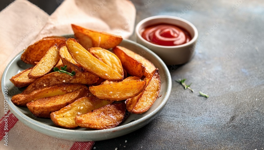 Fried potato wedges served with ketchup