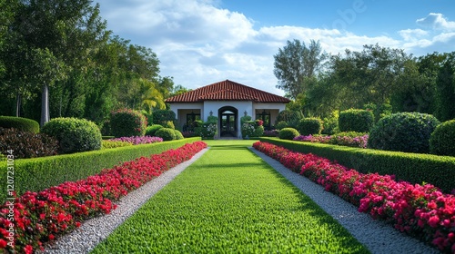 Beautifully landscaped front yard of private house featuring neatly trimmed hedges, vibrant flower beds, manicured lawn design includes a small pathway leading to the entrance with decorative bushes photo