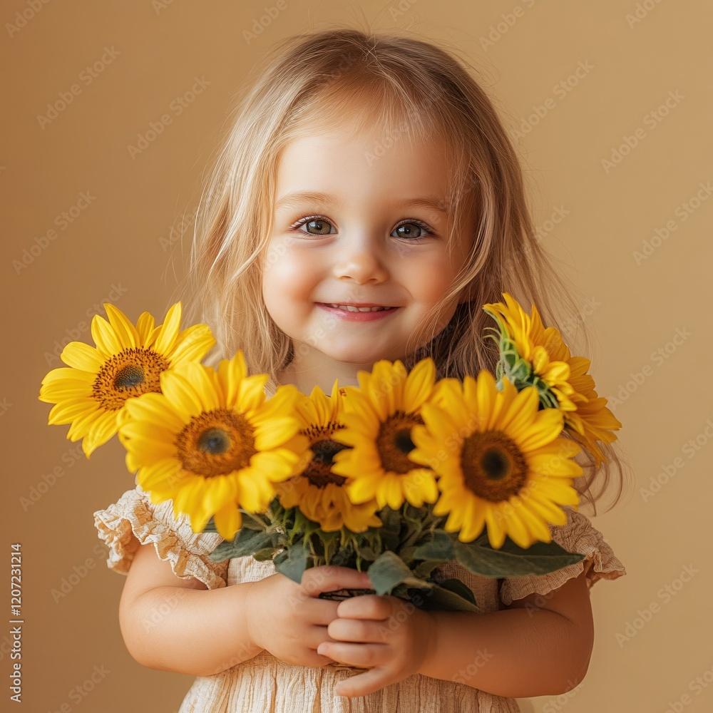 Happy Little Girl Holding a Bouquet of Sunflowers Smiling Sweetly at the Camera Happy Little Girl Holding a Bouquet of Sunflowers Smiling Sweetly at the Camera