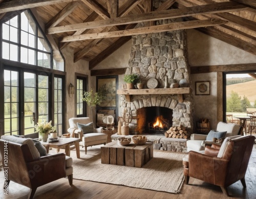 Wallpaper Mural Rustic Living Room with Stone Fireplace and Cozy Leather Furniture Torontodigital.ca