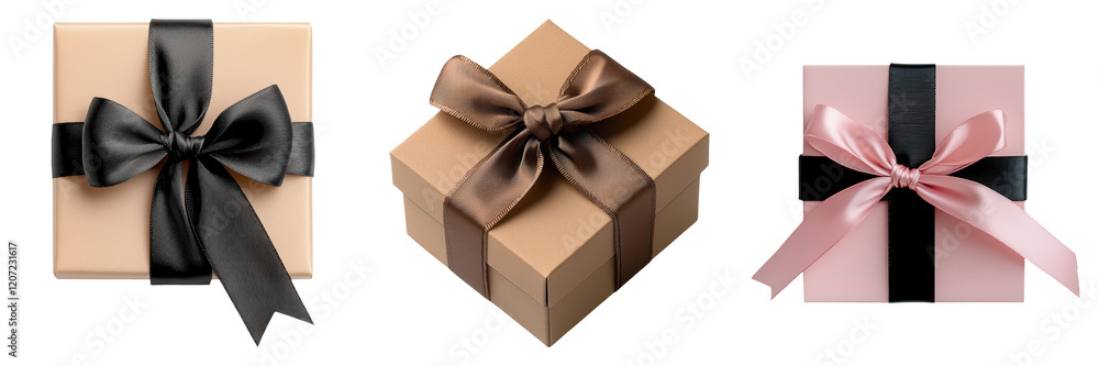 Three beautifully wrapped gift boxes with elegant ribbons in black, brown, and pink. Three beautifully wrapped gift boxes with elegant ribbons in black, brown, and pink.