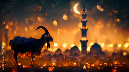 Goat silhouette in front of the mosque for eid al adha mubarak.