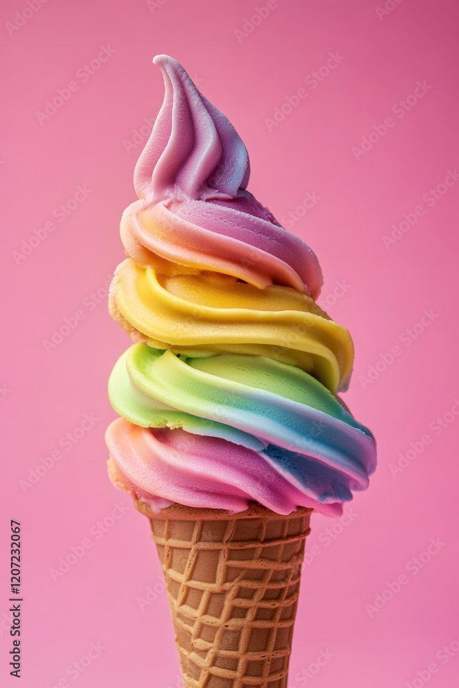 Colorful ice cream cone with rainbow swirls against a pink background showcasing creative food photography Colorful ice cream cone with rainbow swirls against a pink background showcasing creative food photography