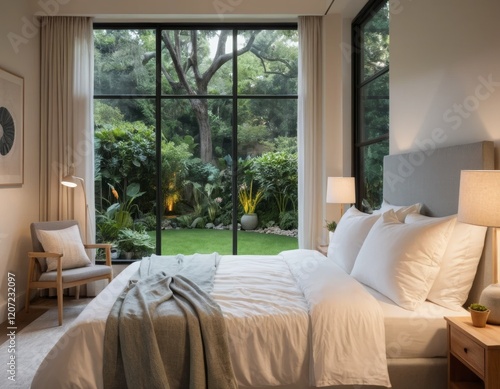 Serene Bedroom with Lush Garden View and Luxurious Bedding