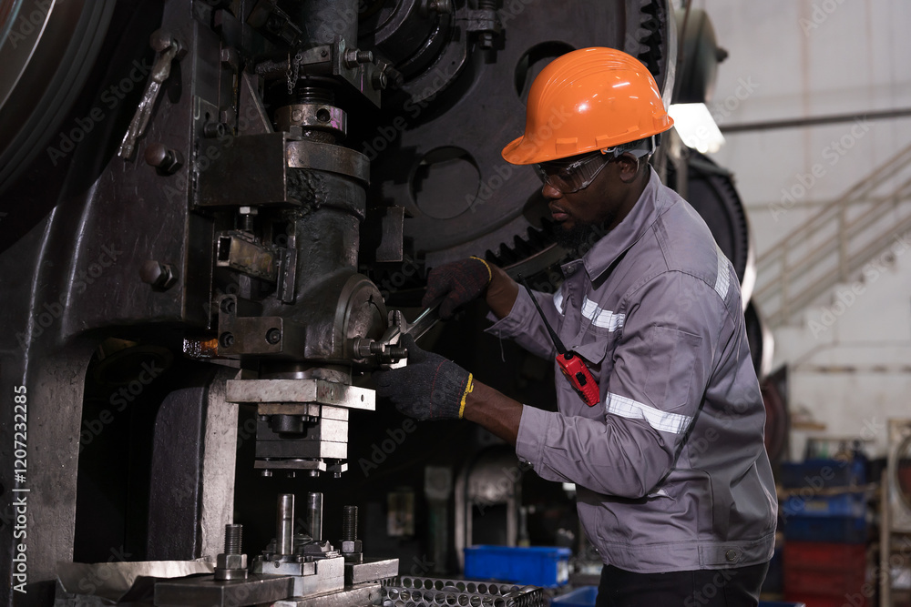 Male engineer repairing and maintenance heavy lathe machine in industry factory. Male technician worker checking parts of lathe machine at workshop Male engineer repairing and maintenance heavy lathe machine in industry factory. Male technician worker checking parts of lathe machine at workshop