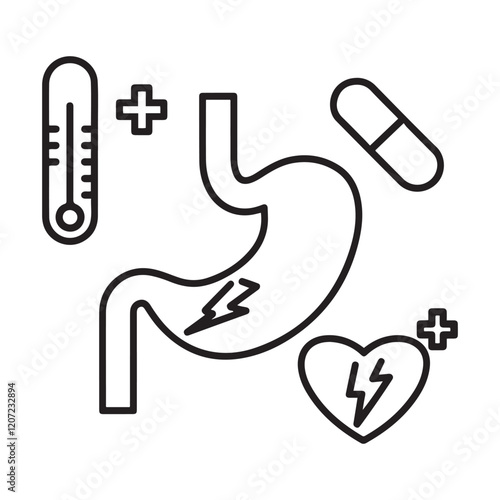 Stomach ache and pain related editable outline icons.